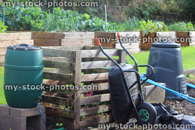 Stock image of wooden compost heap, water butt, plastic compost bin, wheelbarrow, allotment / vegetable garden raised beds
