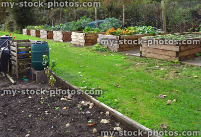 Stock image of wooden raised beds in allotment vegetable garden, water butt