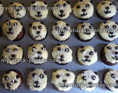 Stock image of home baking cupcake decoration ideas, small panda cakes