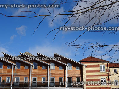 Stock image of modern architecture, houses with hardwood timber cladding, sloping roofs