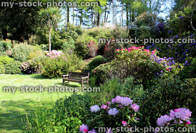 Stock image of wooden garden bench in rockery, with flowers