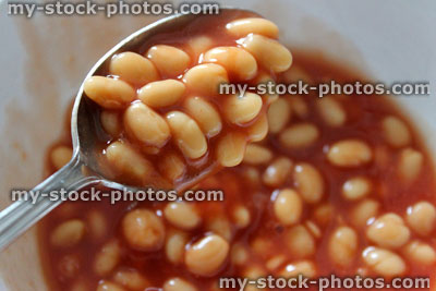 Stock image of baked beans on spoon, spoonful of baked beans