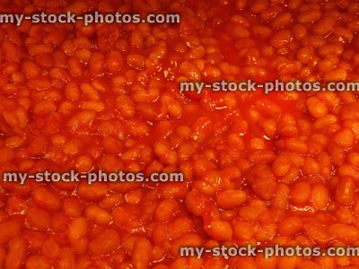 Stock image of baked beans background, dish of beans with tomato sauce