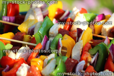 Stock image of charcoal barbecue / BBQ in garden, chicken shish kebabs