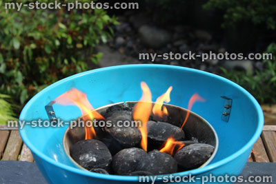 Stock image of lighting charcoal barbecue / BBQ lighter / flames on kettle barbecue coals