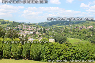 Stock image of bath city in summer, showing countryside views and conifer hedge
