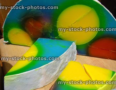 Stock image of rainbow coloured bath soap cake, organic natural ingredients