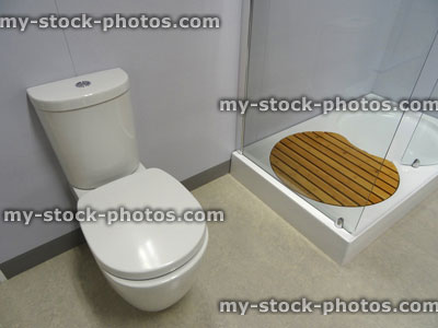 Stock image of modern bathroom, glass shower enclosure, white shower tray, WC toilet