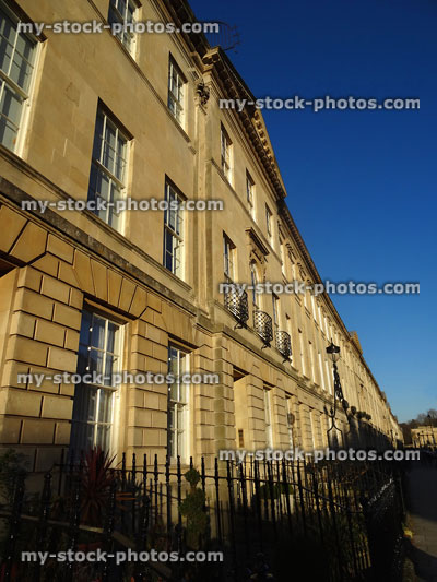 Stock image of terraced, historic Georgian townhouses in city of Bath