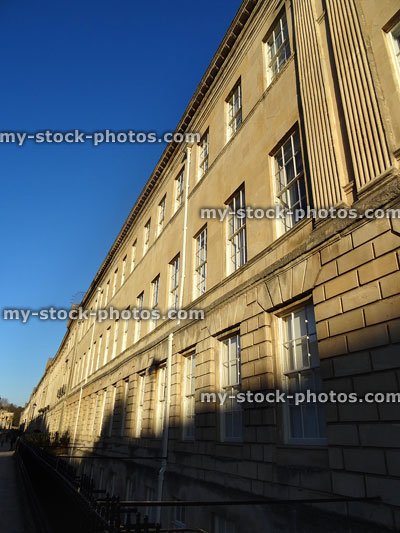 Stock image of terraced townhouses with Georgian architecture in Bath, England