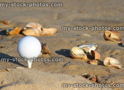 Stock image of golf ball on sandy seaside beach