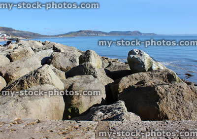 Stock image of coastal management with riprap rock armour sea defence