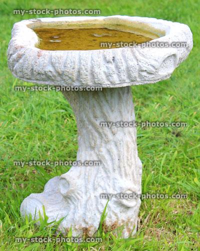 Stock image of stone cast bird bath in shape of tree trunk log