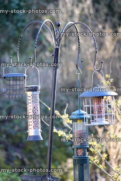 Stock image of metal seed bird feeders for wild birds, back garden