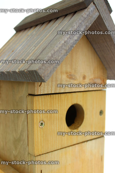 Stock image of small round entrance-hole of wooden nestbox / nesting box