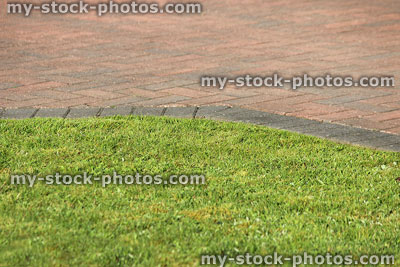 Stock image of red bricks forming paved driveway, green front lawn