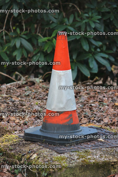 Stock image of traffic cone bollard warning of dangerous rocks in woodland