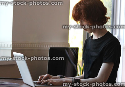 Stock image of teenage school boy doing homework on laptop computer