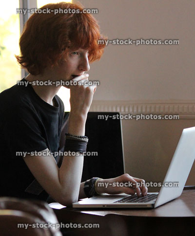 Stock image of boy using laptop computer / Internet, doing school homework