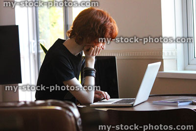 Stock image of teenager doing school homework, using laptop to study