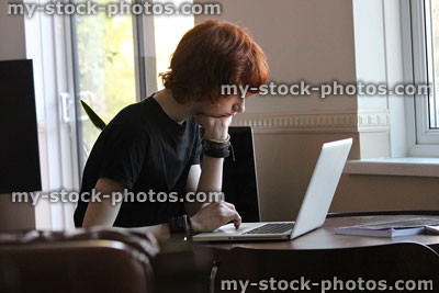 Stock image of boy using laptop computer for homework, surfing Internet