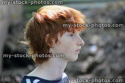 Stock image of teenage boy sitting in woodland garden, daydreaming, looking into distance