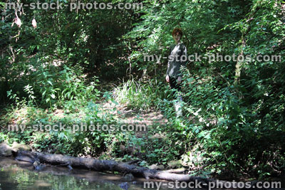 Stock image of boy standing in woodland / camouflage / camouflaged in forest