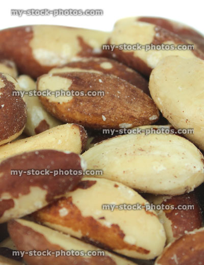 Stock image of brazil nuts / white dish, healthy snack foods, vitamin E, selenium