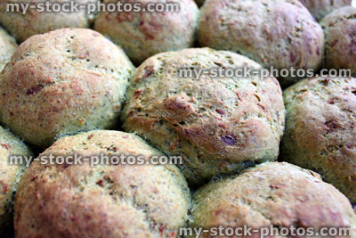 Stock image of freshly baked healthy wholemeal bread rolls, just out the oven