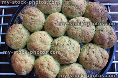 Stock image of freshly baked healthy wholemeal bread rolls, just out the oven