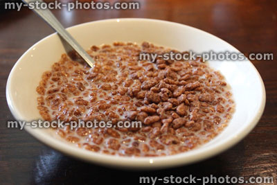 Stock image of cocoa rice krispies breakfast cereal in white bowl with milk