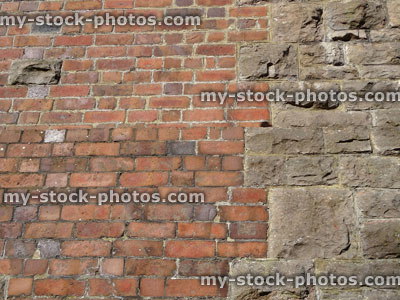 Stock image of historic red brick wall of house, looking upwards, different brickwork