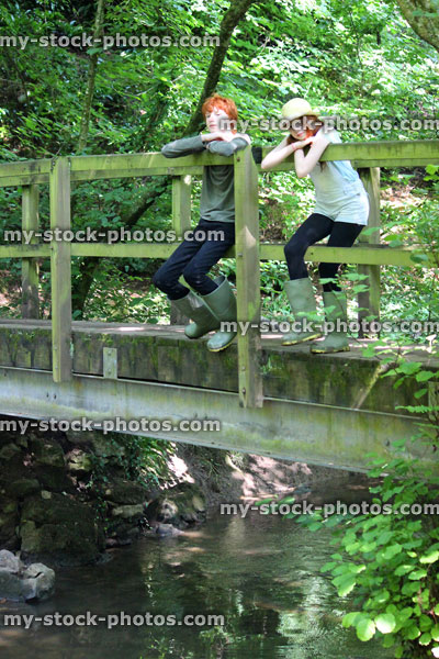 Stock image of boy and girl on wooden bridge railings over woodland stream