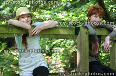 Stock image of boy and girl on wooden bridge railings over woodland stream