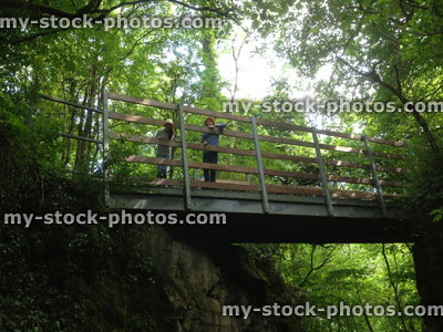 Stock image of boy and girl crossing bridge, looking down at valley beneath
