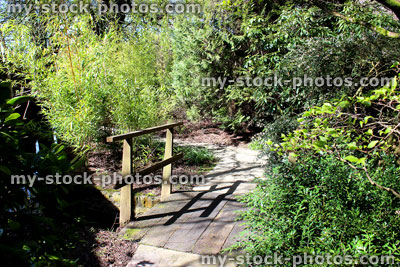 Stock image of small wooden foot bridge over stream in gardens