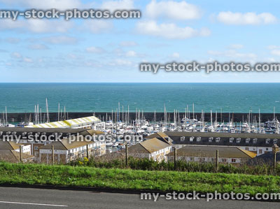 Stock image of Brighton marina from road, with boats and yachts