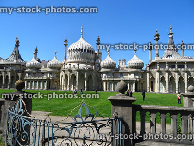 Stock image of Royal Pavilion in Brighton, neatly mown green lawn