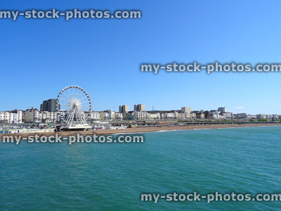 Stock image of Brighton Wheel, beach, sea, blue-sky and coastline panorama
