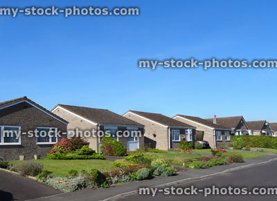 Stock image of modern bungalows on cul-de-sac housing estate for elderly-pensioners
