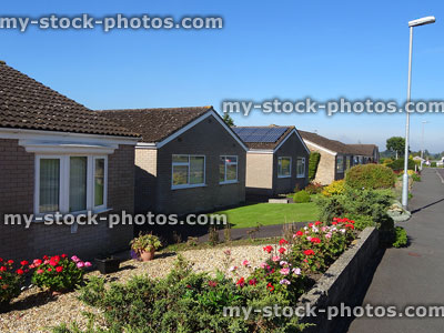 Stock image of bungalow front gardens by pavement, housing for elderly