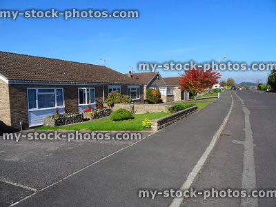 Stock image of bungalows on small cul-de-sac housing estate, for retired-people