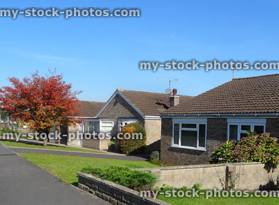Stock image of bungalows built for retired pensioners, affordable single-storey housing