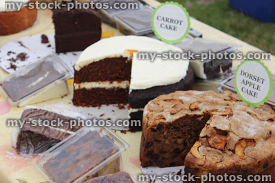 Stock image of homemade carrot cake and Dorset apple cake, freshly baked