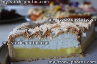Stock image of homemade cakes, lemon meringue pie, freshly baked desserts