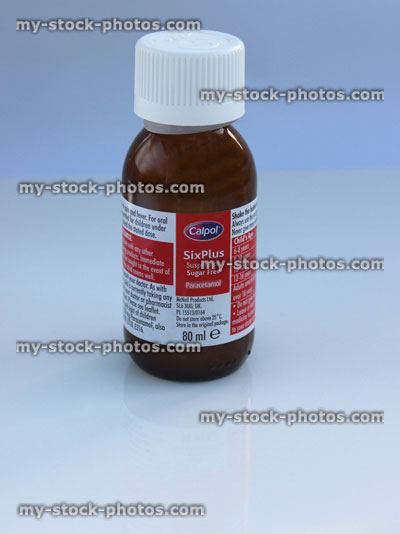 Stock image of calpol medicine bottle, sugar free paracetamol medicine for children