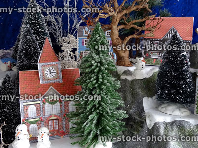 Stock image of homemade card houses in model Christmas village display