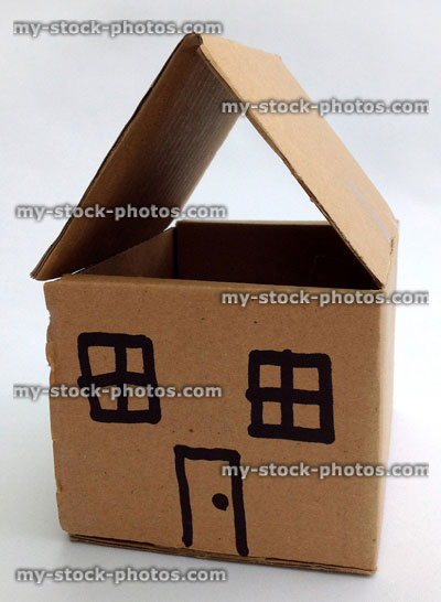 Stock image of dolls house made from cardboard angled view
