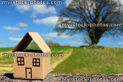 Stock image of cardboard dolls house, with field, tree and sky 