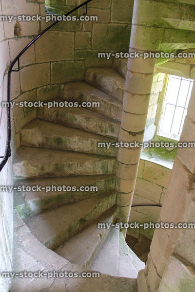 Stock image of medieval castle spiral staircase, 14th century stone stairs / steps